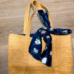 Draper James Natural Straw Bag with navy lining and floral silk tie